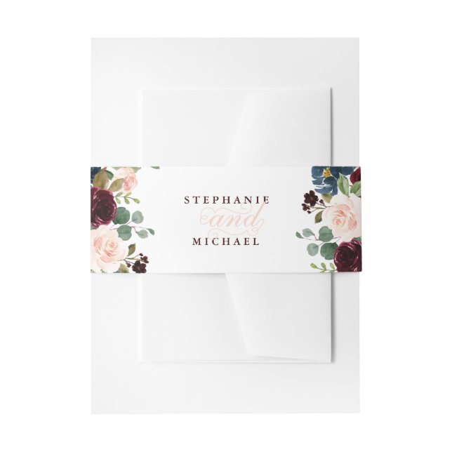 Burgundy Red Navy Floral Rustic Boho Wedding Invitation Belly Band (Front Example)