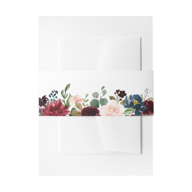 Burgundy Red Navy Floral Rustic Boho Wedding Invitation Belly Band (Front Example)