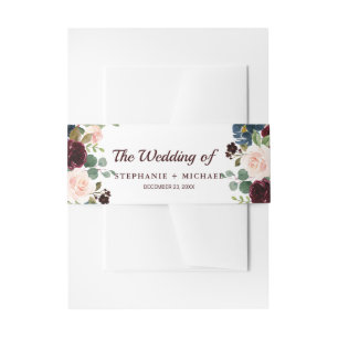 Burgundy Red Navy Floral Rustic Boho Wedding Invitation Belly Band
