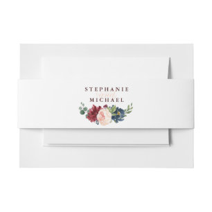 Burgundy Red Navy Floral Rustic Boho Wedding Invitation Belly Band