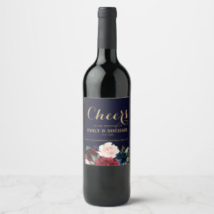 Burgundy Red Navy Floral Rustic Boho wedding label