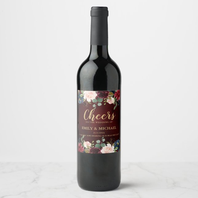 Burgundy Red Navy Floral Rustic Boho wedding label (Front)