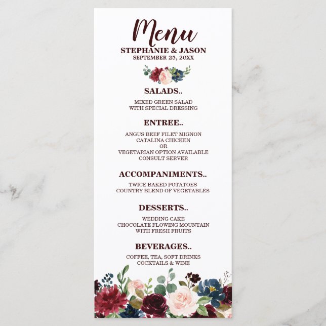 Burgundy Red Navy Floral Rustic Boho Wedding Menu (Front)