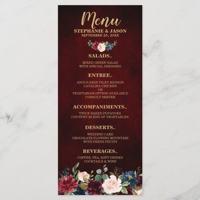 Burgundy Red Navy Floral Rustic Boho Wedding Menu (Front)