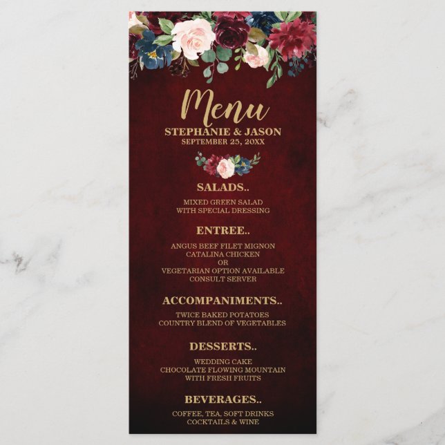 Burgundy Red Navy Floral Rustic Boho Wedding Menu (Front)
