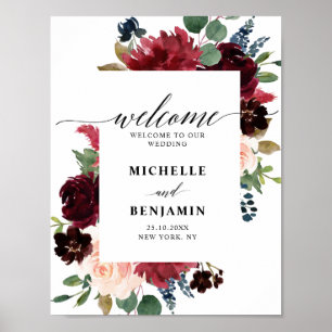 Burgundy Red Navy Floral Rustic Boho Wedding Poster