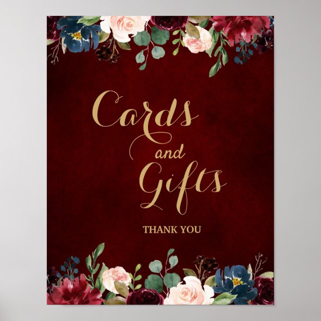 Burgundy Red Navy Floral Rustic Boho Wedding Sign (Front)