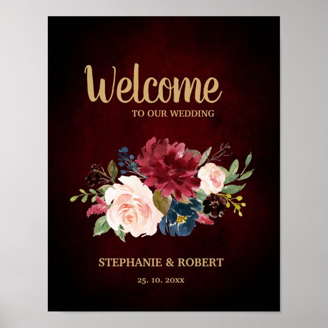 Burgundy Red Navy Floral Rustic Boho Wedding Sign (Front)