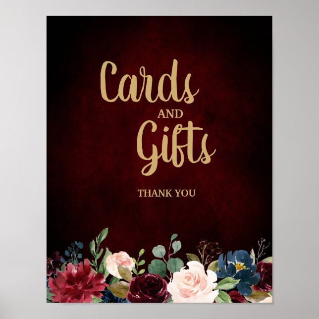 Burgundy Red Navy Floral Rustic Boho Wedding Sign (Front)