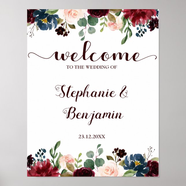 Burgundy Red Navy Floral Rustic Boho Wedding Sign (Front)