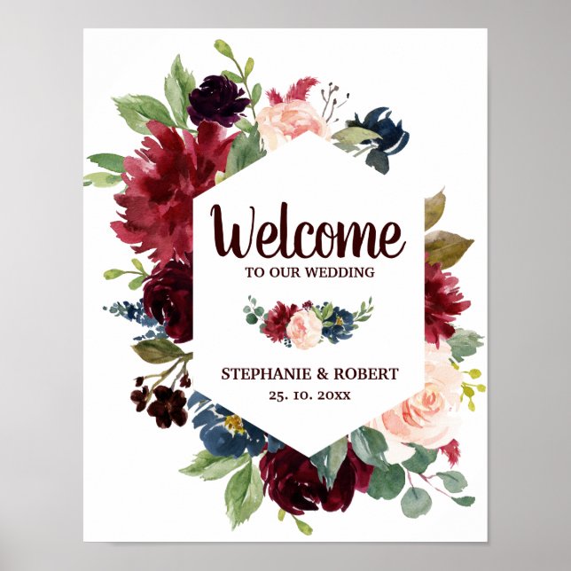 Burgundy Red Navy Floral Rustic Boho Wedding Sign (Front)