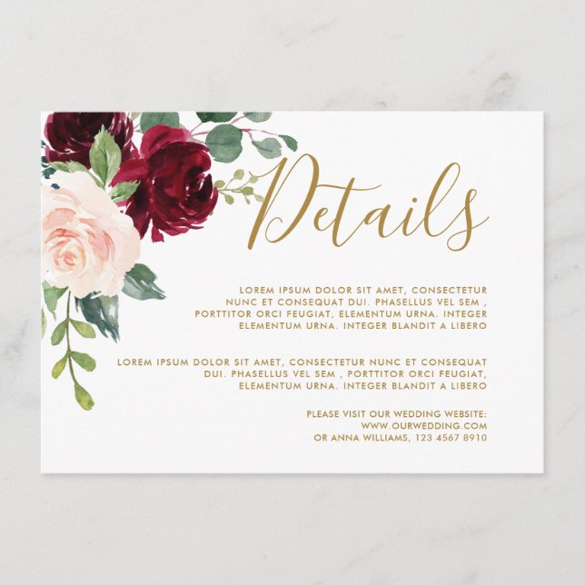 Burgundy Red Navy Floral Rustic Wedding Details Enclosure Card (Front)