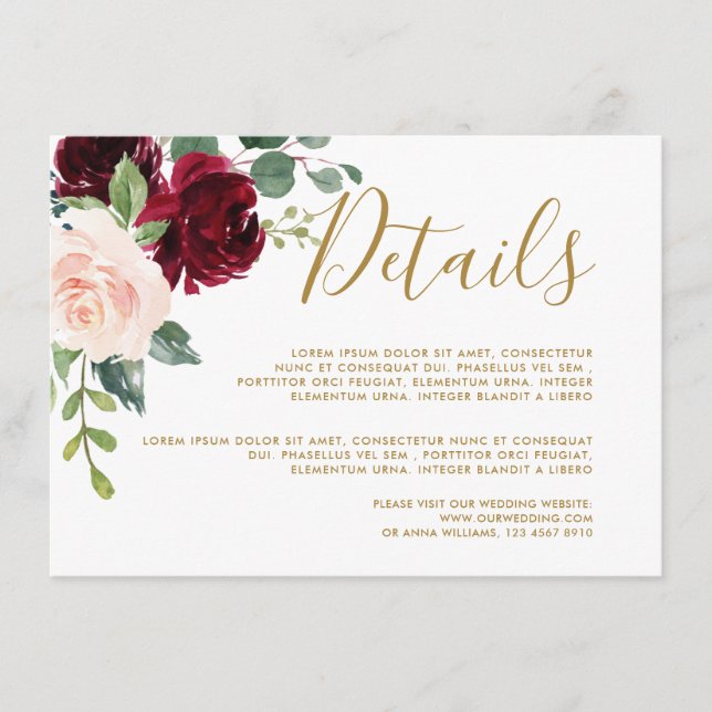 Burgundy Red Navy Floral Rustic Wedding Details Enclosure Card (Front)