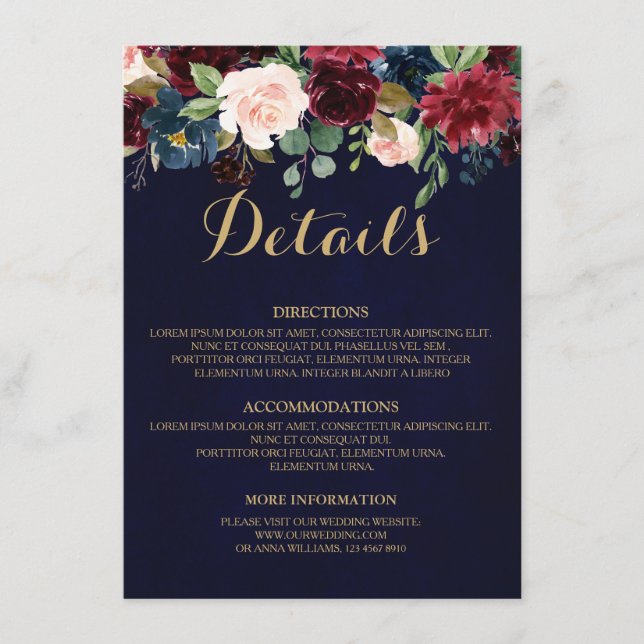 Burgundy Red Navy Floral Rustic Wedding Details Enclosure Card (Front)