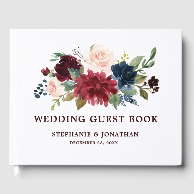Burgundy Red Navy Floral Rustic Wedding guest book (Front)
