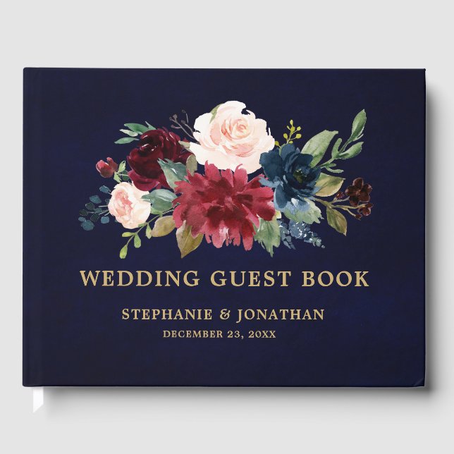 Burgundy Red Navy Floral Rustic Wedding guest book (Front)
