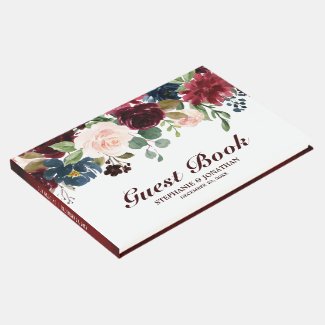 Burgundy Red Navy Floral Rustic Wedding guest book