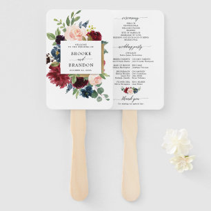 Burgundy Red Navy Floral Rustic Wedding program Hand Fan