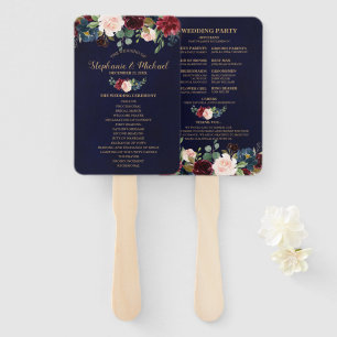Burgundy Red Navy Floral Rustic Wedding program Hand Fan