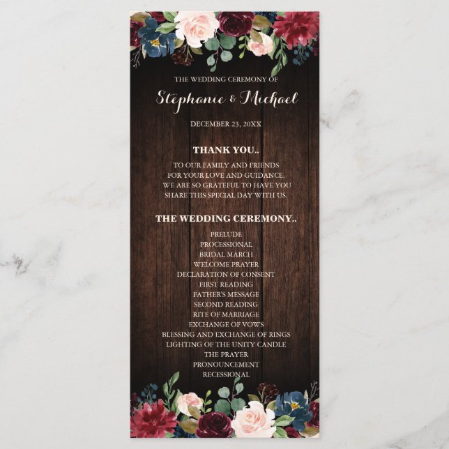 Burgundy Red Navy Floral wooden wedding Program (Front)