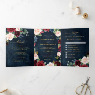 Burgundy Red Navy Gold Triple Faire-part de mariag