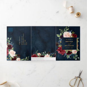 Burgundy Red Navy Gold Triple Faire-part de mariag