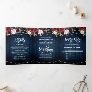 Burgundy Red Navy String Lights Trifold Wedding