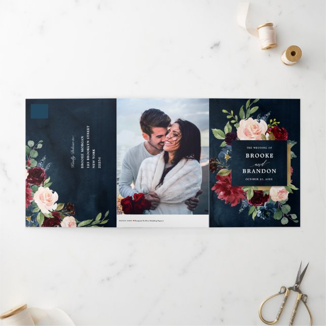 Burgundy Red Navy Trifold Wedding Invitation (Outside)