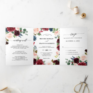 Burgundy Red Navy Trifold Wedding Invitation
