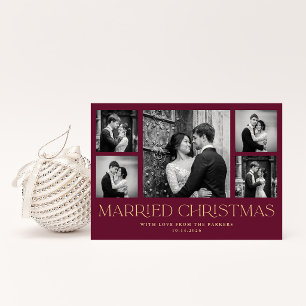 Burgundy Red Newlywed Christmas Wedding Photo Grid Holiday Card