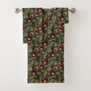 Burgundy Red Orchid Floral Tropical Bath Towel Set