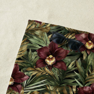 Burgundy Red Orchid Floral Tropical  Beach Towel