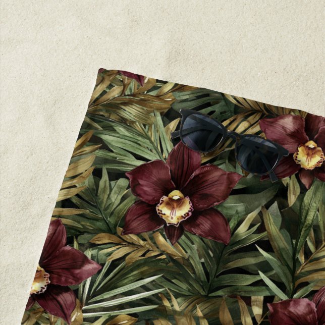 Burgundy Red Orchid Floral Tropical  Beach Towel (In Situ)