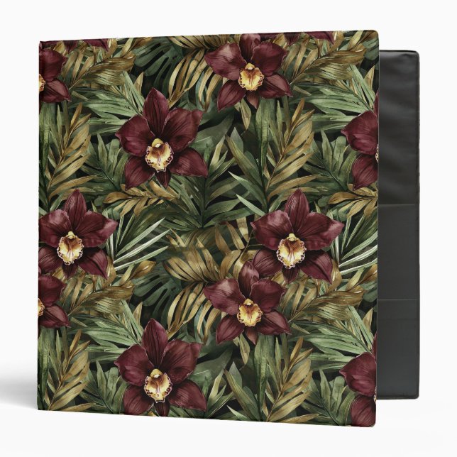 Burgundy Red Orchid Floral Tropical  Binder (Front/Inside)