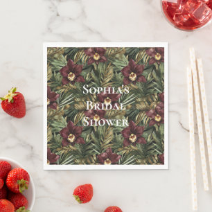 Burgundy Red Orchid Floral Tropical Bridal Shower Napkin