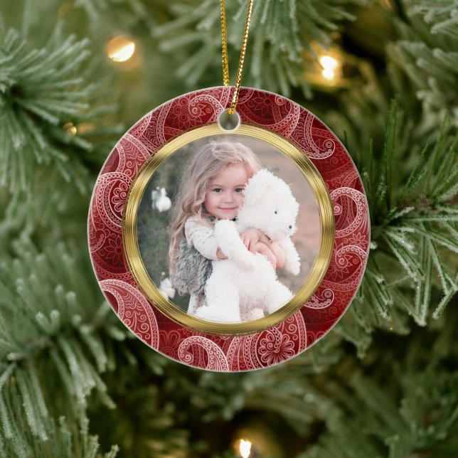 Burgundy Red Paisley Custom Photo and Text Ceramic Ornament (Tree)