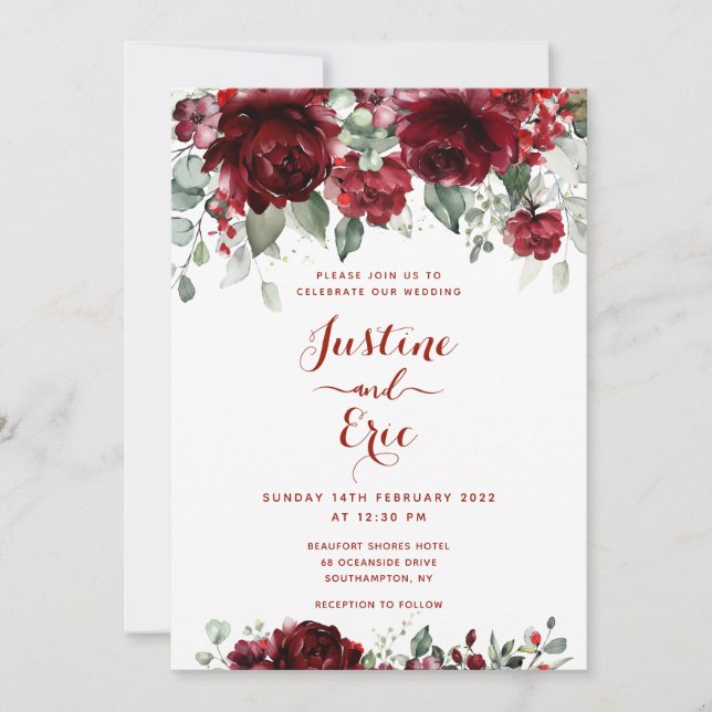 Burgundy Red Peony Epiphany II Wedding Invitation (Front)