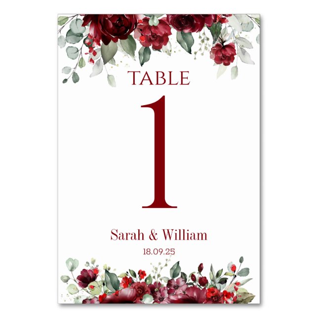 Burgundy Red Peony Eucalyptus Greenery Wedding Table Number (Front)