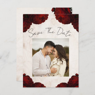 Burgundy Red Peony Flowers Vintage Save the Date Announcement Postcard