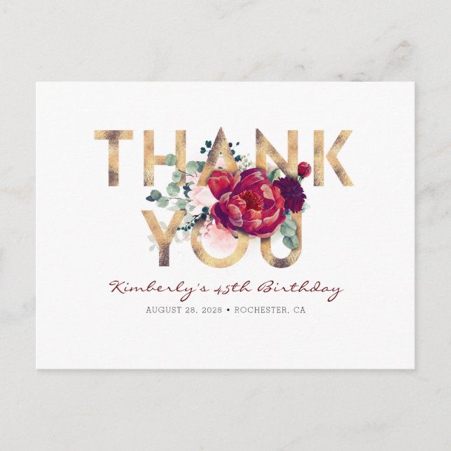 Burgundy Red Peony Gold Birthday Thank You Postcard (Front)