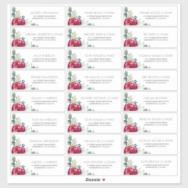 Burgundy Red Peony Navy Guest Names Address Labels (Sheet)