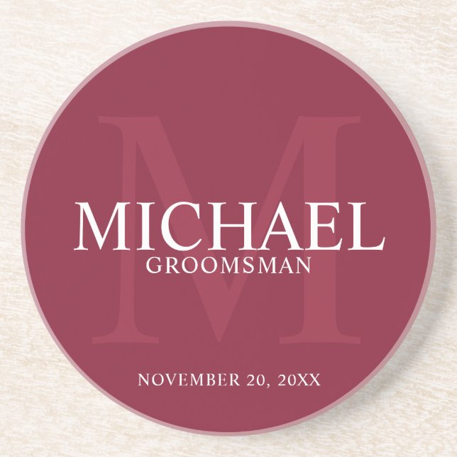 Burgundy Red Personalized Groomsmen Coaster (Front)