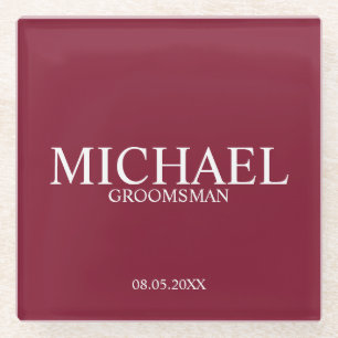 Burgundy Red Personalized Groomsmen Glass Coaster