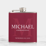 Burgundy Red Personalized Groomsmen Hip Flask<br><div class="desc">Add a personal touch to your wedding with personalized groomsmen flask. This flask features personalized groomsman's name with title and wedding date in white and monogram in light burgundy red as background, in classic serif font style, on burgundy red background. Also perfect for best man, father of the bride, ring...</div>