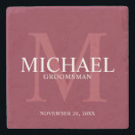 Burgundy Red Personalized Groomsmen Stone Coaster<br><div class="desc">Add a personal touch to your wedding with personalized groomsmen stone coaster. This coaster features personalized groomsman's name with title and wedding date in white and monogram in light burgundy red as background, in classic serif font style, on burgundy red background. Also perfect for best man, father of the bride,...</div>
