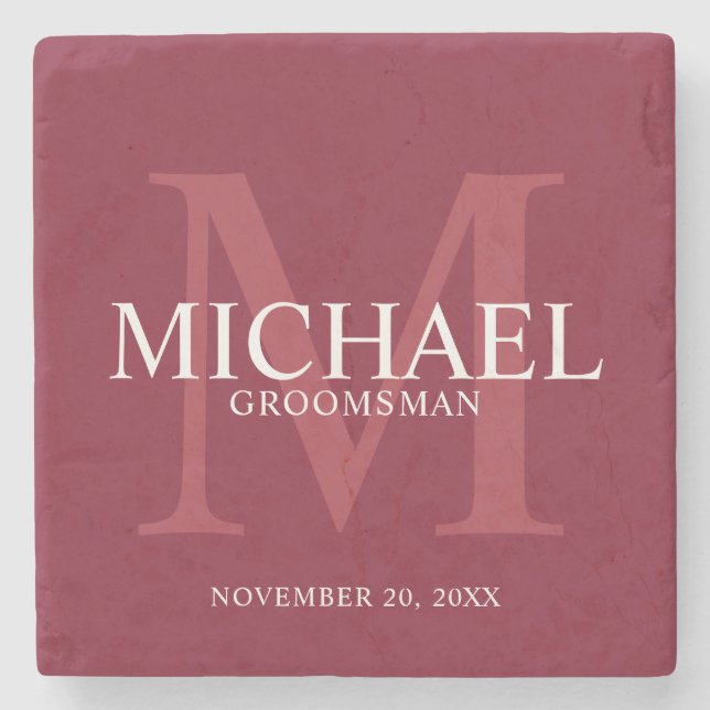 Burgundy Red Personalized Groomsmen Stone Coaster (Front)