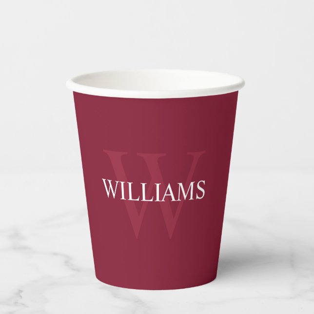 Burgundy Red Personalized Monogram and Name Paper Cups (Front)