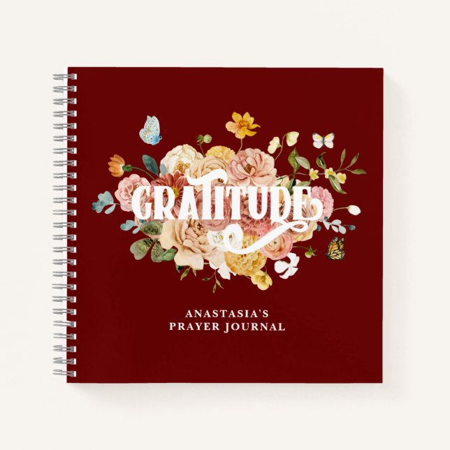 Burgundy Red Pink Floral Custom Gratitude Journal (Front)