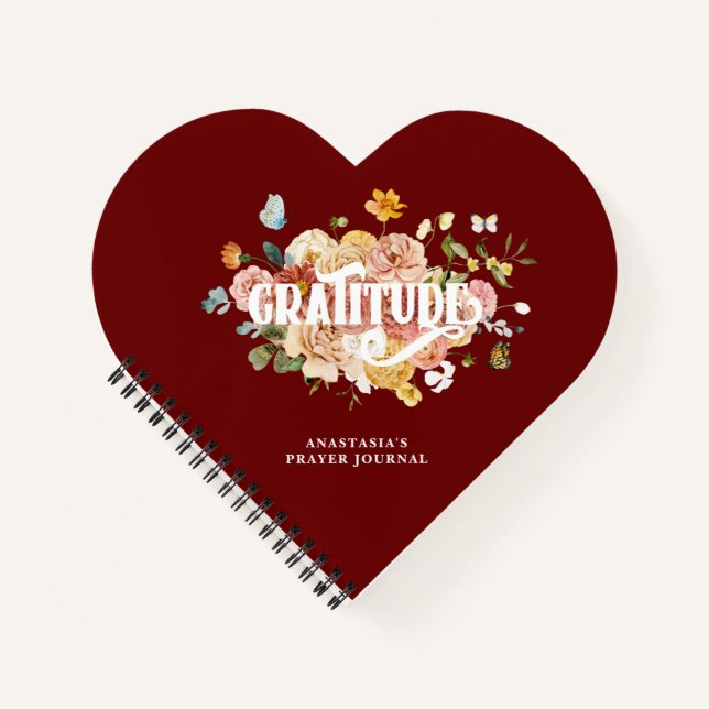 Burgundy Red Pink Floral Heart Gratitude Journal (Devant)