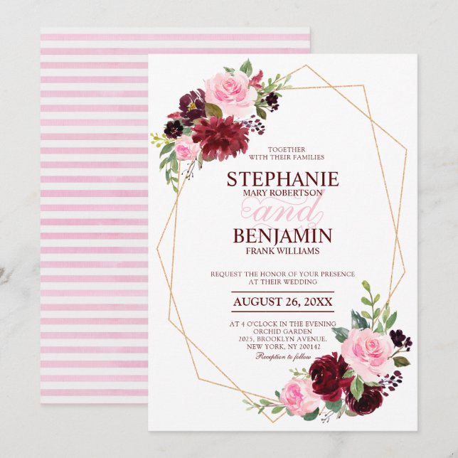 Burgundy Red pink Floral modern geometric wedding Invitation (Front/Back)